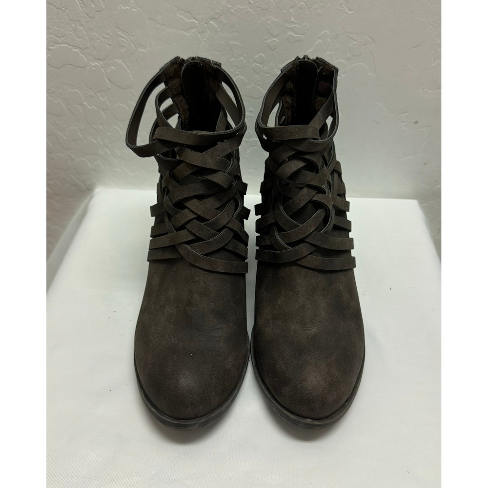 Me Too‎ Oliver Brown Faux Suede Ankle Booties Strappy Cage Back Zip Women's 8M